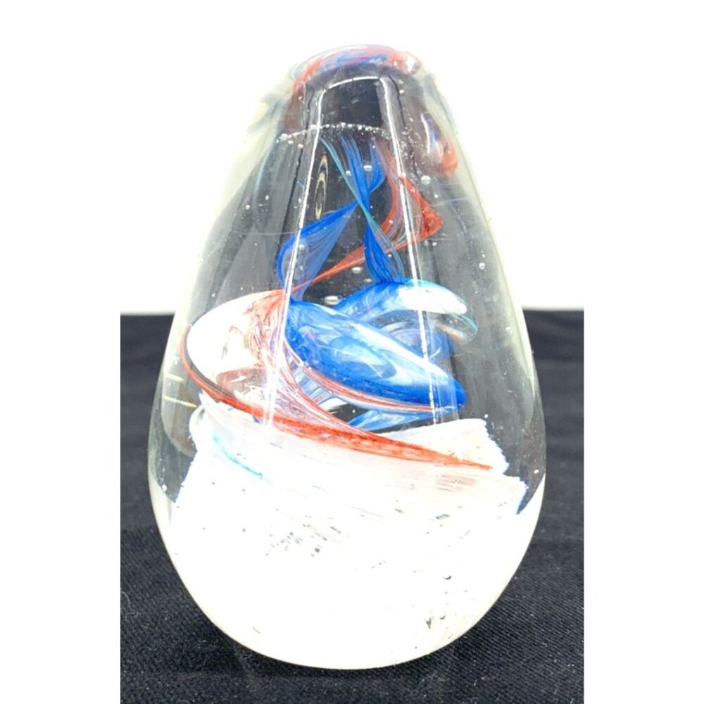 Pear Shaped Glass Paperweight Blue Red White Clear 3.25" Tall Vintage